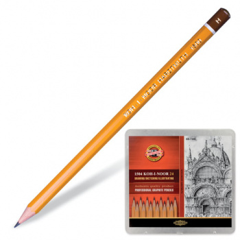 Карандаши чернографитные KOH-I-NOOR 1500, НАБОР 24 шт., 8В-10H, без резинки, металлическая коробка, Карандаши чернографитные KOH-I-NOOR 1500, НАБОР 24 шт., 8В-10H, без резинки, металлическая коробка,