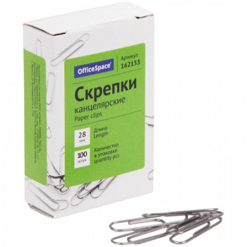 кв_Скрепки канцелярские металлические  28 мм "OfficeSpace" арт.162153 (100 штук в упаковке) (1/10)