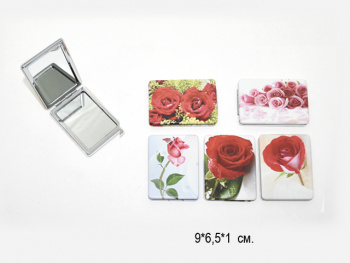Зеркало карманное арт.1020-1 Цветы прямоугольное двустороннее с увеличением в пак.