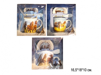 Подарочный набор арт. HK2367-502 Чайная пара с ложкой Лошади 3 вида керамика в кор.