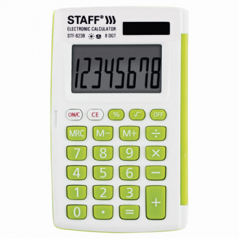 Калькулятор карманный STAFF STF-6238 (104х63 мм), 8 разядов, двойное питание, БЕЛЫЙ С ЗЕЛЁНЫМИ КНОПК Калькулятор карманный STAFF STF-6238 (104х63 мм), 8 разядов, двойное питание, БЕЛЫЙ С ЗЕЛЁНЫМИ КНОПК