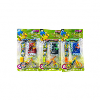 Скейтик арт. 033-9 Пальчиковый набор 2 скейтика + велосипед + ролики на листе• 