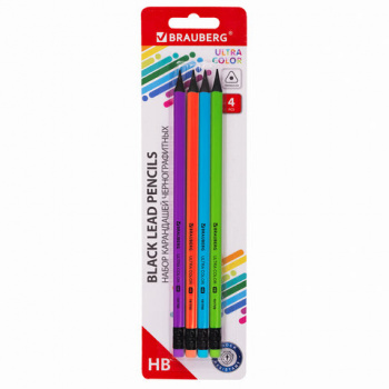 Набор карандашей чернографитных BRAUBERG "ULTRA COLOR" 4 шт., HB, с ластиком, пластиковые, 181709 Набор карандашей чернографитных BRAUBERG "ULTRA COLOR" 4 шт., HB, с ластиком, пластиковые, 181709