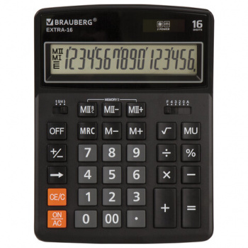 Калькулятор настольный BRAUBERG EXTRA-16-BK (206x155 мм), 16 разрядов, двойное питание, ЧЕРНЫЙ, 2504 Калькулятор настольный BRAUBERG EXTRA-16-BK (206x155 мм), 16 разрядов, двойное питание, ЧЕРНЫЙ, 2504