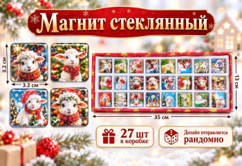 Магнит стекло арт. 6652-2-502 Квадратный 3,5*3,5 см Коза ассорти (27 шт.) в кор.