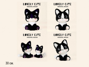 им Кот арт. 209983 Черно-белый с розовыми следами сидит 30 см в пак.