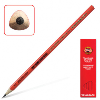 Карандаш чернографитный KOH-I-NOOR, 1 шт., "Triograph", B, трехгранный, без резинки, корпус красный, Карандаш чернографитный KOH-I-NOOR, 1 шт., "Triograph", B, трехгранный, без резинки, корпус красный,