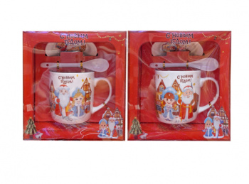 Подарочный набор арт. HK2210E-502 Чайная пара с ложкой "Дед Мороз и Снегурочка" 2вида керам.в кор.