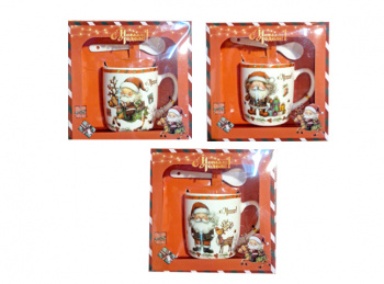 Подарочный набор арт. AT1940E-502 Чайный, кружка с ложкой "Дед Мороз" 3 вида керамика в кор.