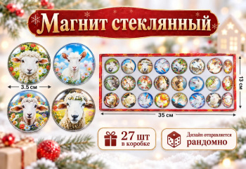 Магнит стекло арт. 6652-3-502 Круглый d3,5 см Коза ассорти (27 шт.) в кор.