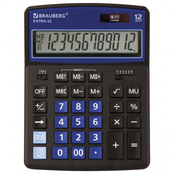 Калькулятор настольный BRAUBERG EXTRA-12-BKBU (206x155 мм), 12 разрядов, двойное питание, ЧЕРНО-СИНИ Калькулятор настольный BRAUBERG EXTRA-12-BKBU (206x155 мм), 12 разрядов, двойное питание, ЧЕРНО-СИНИ