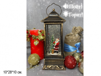 Фонарь Новогодний арт. 2114-1971-1-601 "Дед Мороз у елки" свет, музыка, USB в кор.
