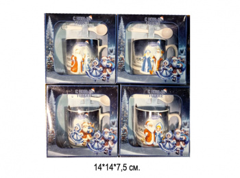 Подарочный набор арт. AT1945E-502 Чайный, кружка с ложкой "Дед Мороз" 4 вида керамика в кор.