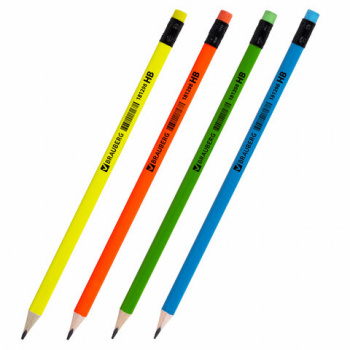 Карандаш чернографитный BRAUBERG, 1 шт., "Neon", HB, трехгранный, с ластиком, корпус неоновый ассорт Карандаш чернографитный BRAUBERG, 1 шт., "Neon", HB, трехгранный, с ластиком, корпус неоновый ассорт