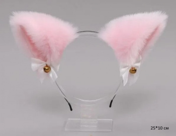 Ободок арт. 209629 Ушки кошки мех розовый с бантиками в пак.
