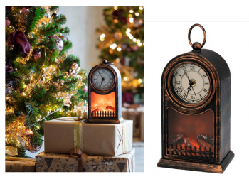 Фонарь Новогодний арт. SP1410-502 Часы "Мини камин" свет, на бат. USB 27*15 см в кор.