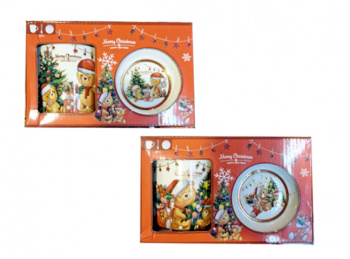 Подарочный набор арт. Q34B-502 Чайная пара с ложкой "Медведи у елки" ассорти керамика в кор.