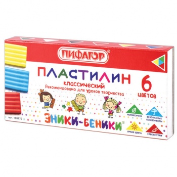 кс_Пластилин классический арт.100970 ПИФАГОР "ЭНИКИ-БЕНИКИ" 6 цв,120 г, со стеком,картонная упаковка кс_Пластилин классический арт.100970 ПИФАГОР "ЭНИКИ-БЕНИКИ" 6 цв,120 г, со стеком,картонная упаковка
