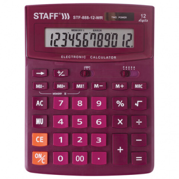 Калькулятор настольный STAFF STF-888-12-WR (200х150 мм) 12 разрядов, двойное питание, БОРДОВЫЙ, 2504 Калькулятор настольный STAFF STF-888-12-WR (200х150 мм) 12 разрядов, двойное питание, БОРДОВЫЙ, 2504